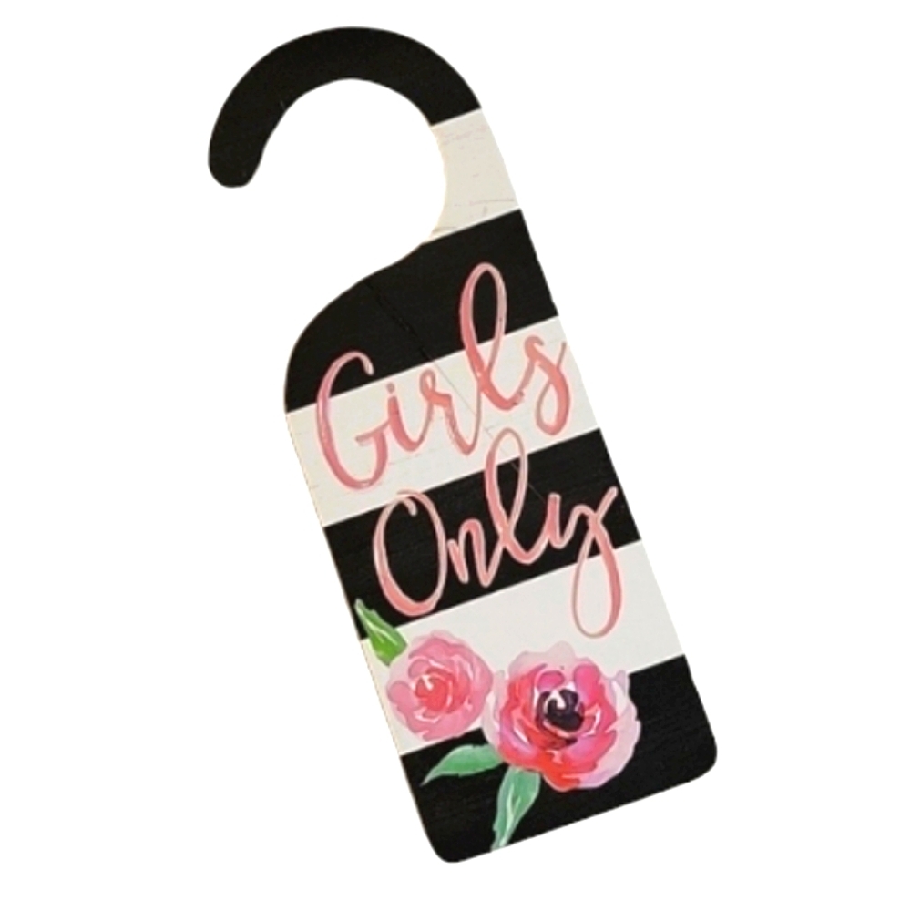 NEW - NWT "Girls Only" Watercolor Flowers & Stripes Wood Door Knob Hanger Sign